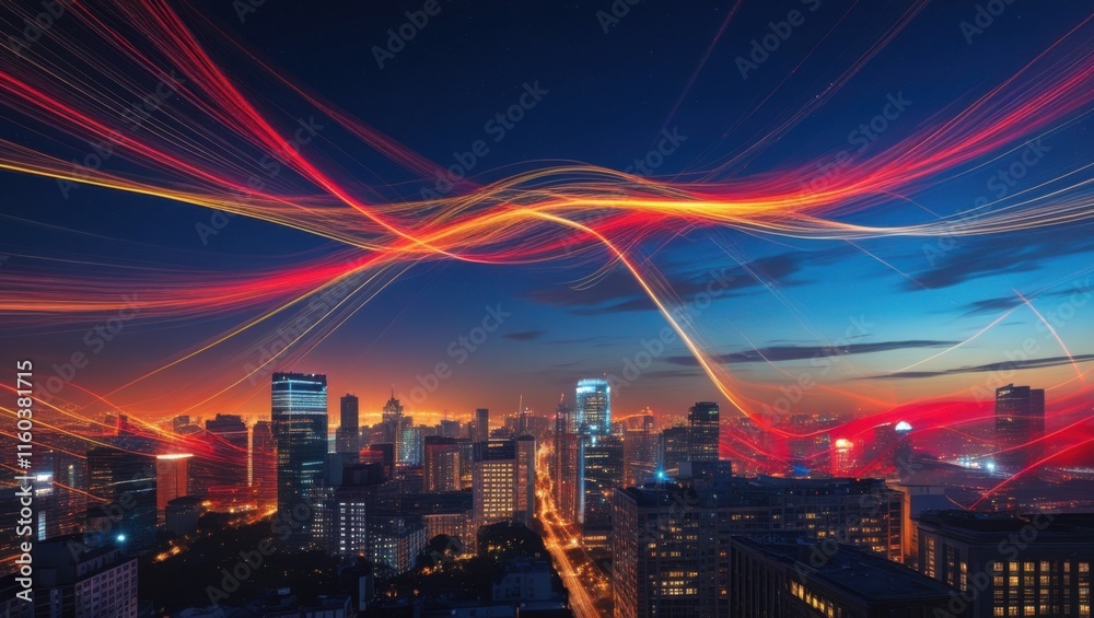 Fototapeta premium A mesmerizing cityscape at dusk, capturing long exposure trails of vibrant camera lights, weaving intricate patterns across the darkening sky, with streaks of red, orange, and yellow hues, evoking a s