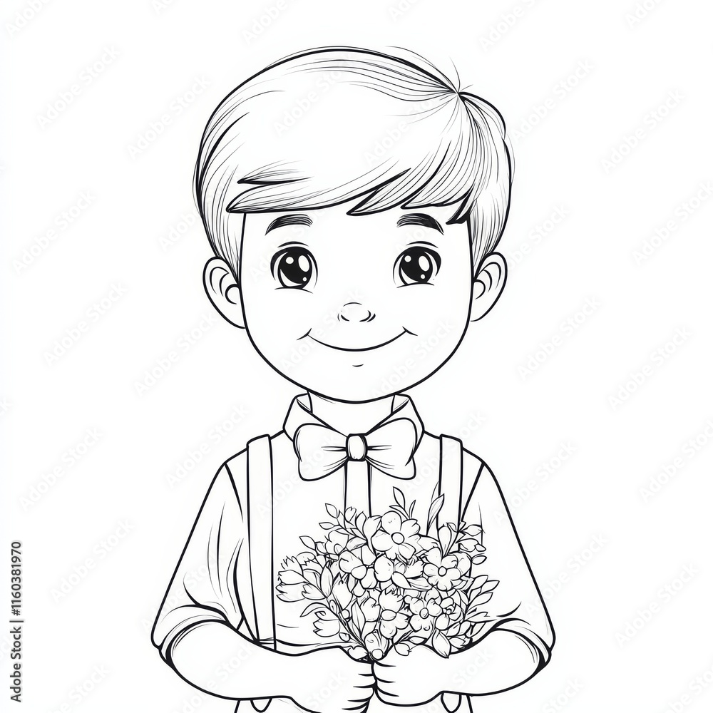 Boy with Flowers Illustration: A charming illustration depicts a smiling young boy holding a bouquet of flowers, exuding innocence and joy with a touch of vintage elegance. Boy with Flowers Illustration: A charming illustration depicts a smiling young boy holding a bouquet of flowers, exuding innocence and joy with a touch of vintage elegance.