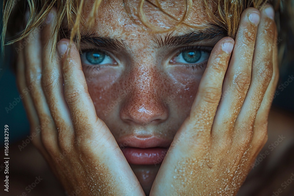 Fototapeta premium man's face covered with hands, sadness, pain