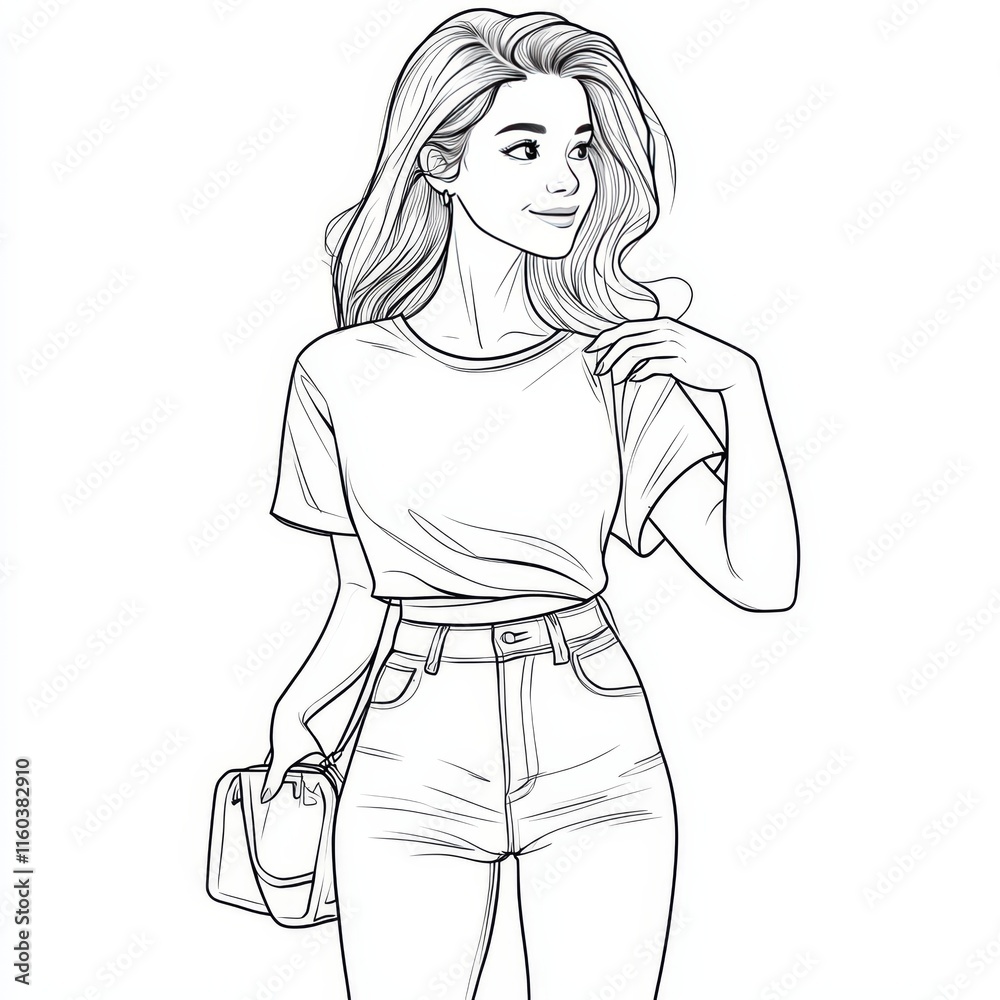 Casual Chic Illustration: A stylish woman in a simple t-shirt and jeans exudes casual confidence, radiating a carefree and minimalist aesthetic. Casual Chic Illustration: A stylish woman in a simple t-shirt and jeans exudes casual confidence, radiating a carefree and minimalist aesthetic.