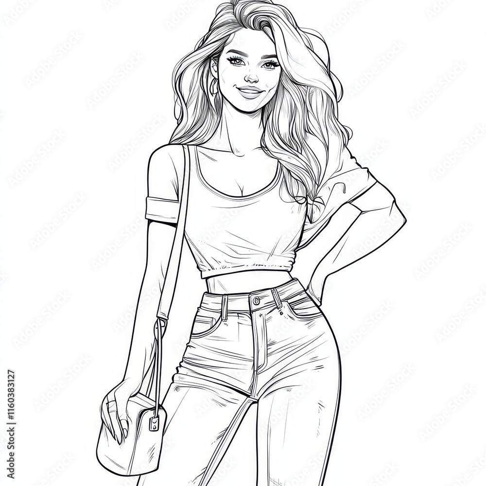 Confident and Chic: A stylish woman with long flowing hair and a confident smile, exudes elegance and sophistication. She wears a simple crop top and jeans, embodying effortlessly chic style. Confident and Chic: A stylish woman with long flowing hair and a confident smile, exudes elegance and sophistication. She wears a simple crop top and jeans, embodying effortlessly chic style.