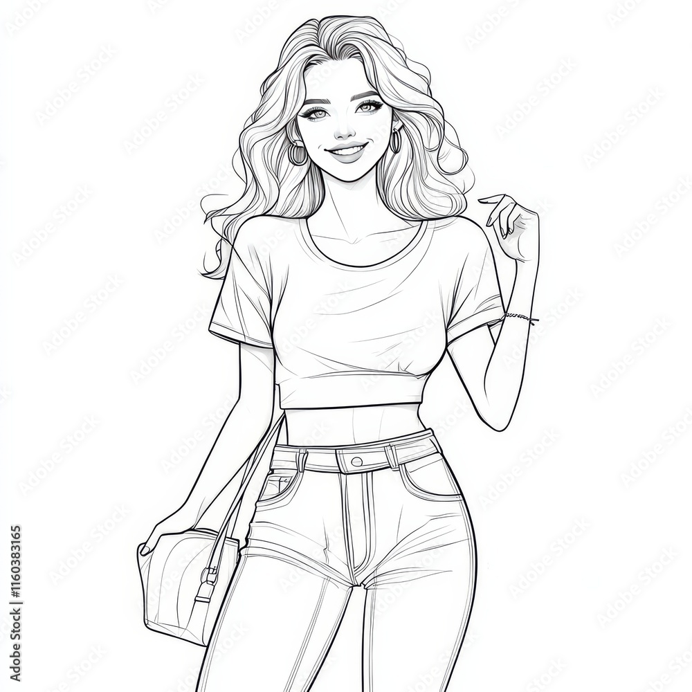 Fashion Sketch: A captivating line art illustration of a stylish young woman with flowing hair, a trendy crop top, and high-waisted jeans, exuding confidence and effortless charm. Fashion Sketch: A captivating line art illustration of a stylish young woman with flowing hair, a trendy crop top, and high-waisted jeans, exuding confidence and effortless charm.