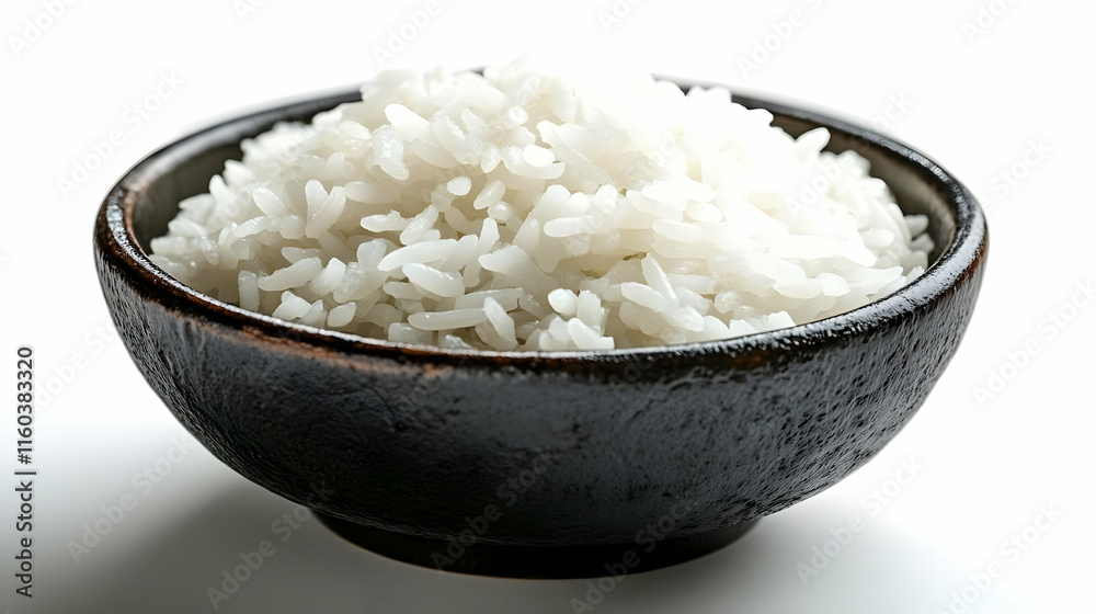 Steamed White Rice in a Black Bowl Perfectly on a White Background. Steamed White Rice in a Black Bowl Perfectly on a White Background.