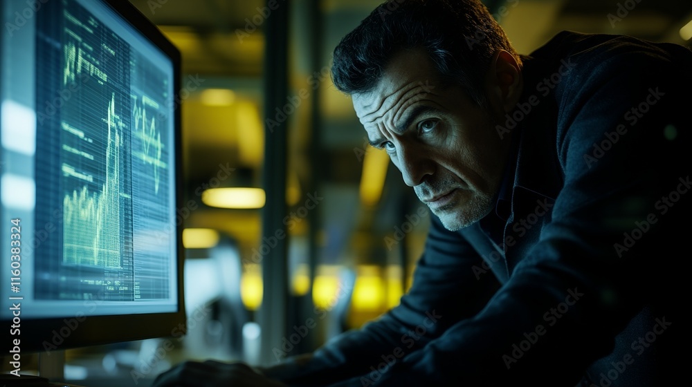 Person looking worried at computer screen, reflecting the pressures and challenges of modern digital life. Navigating complex technology and information overload. Person looking worried at computer screen, reflecting the pressures and challenges of modern digital life. Navigating complex technology and information overload.