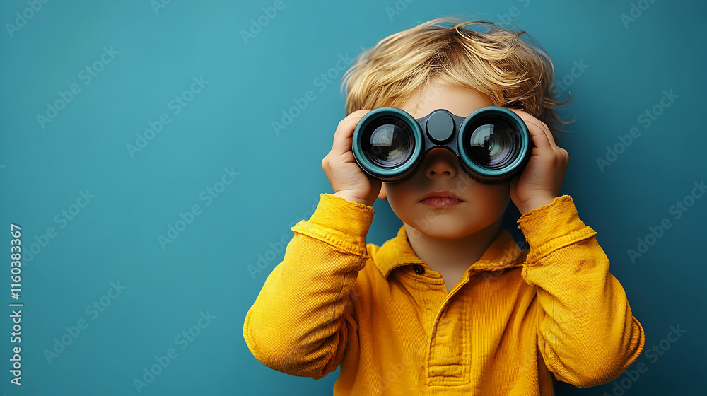 Curious Child Explores the World Through Binoculars on a Vibrant Blue Backdrop Curious Child Explores the World Through Binoculars on a Vibrant Blue Backdrop