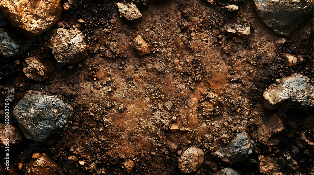 Dark, Damp Soil Texture with Scattered Rocks Creates a Natural, Earthy Background Dark, Damp Soil Texture with Scattered Rocks Creates a Natural, Earthy Background