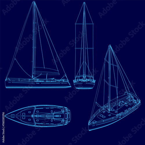 Blue drawing of a sailboat with a blue background. The sailboat is shown in different positions, with the top of the sailboat being the most prominent