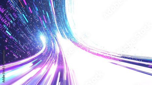 A colorful, swirling line of light is on a white background