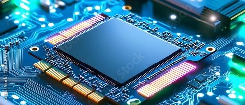 A computer chip is shown with a blue and purple background photo