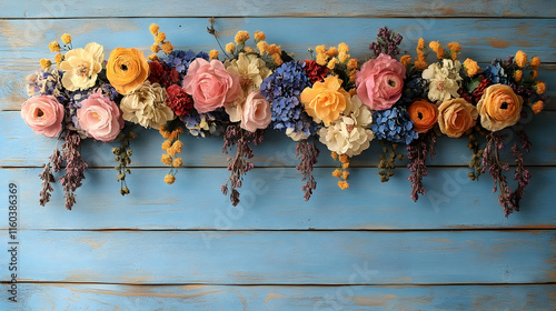 Flowers Decorate Blue Wood ...