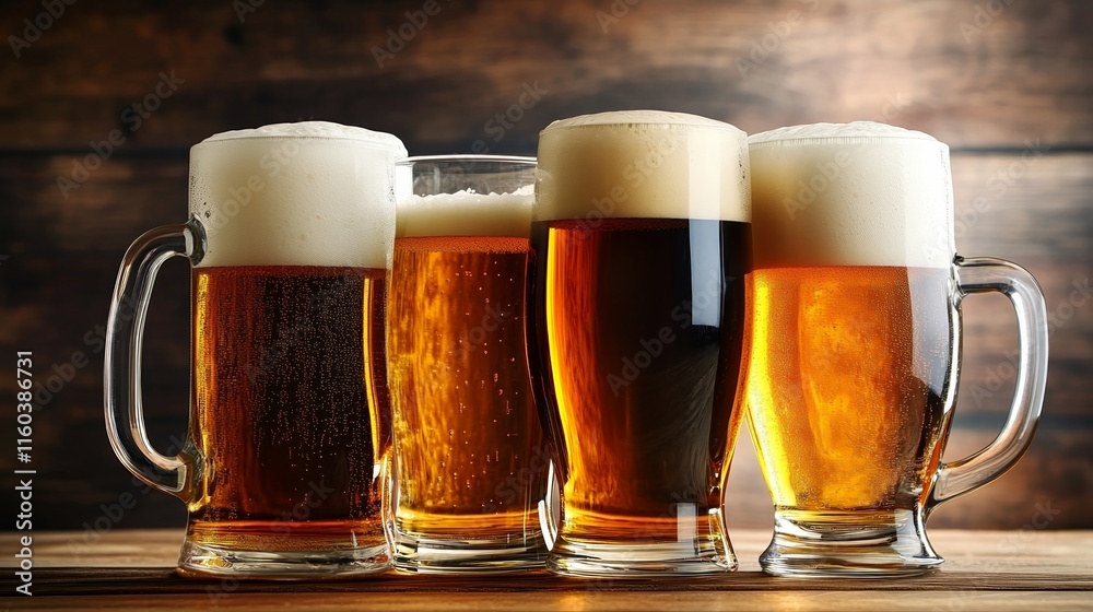 Four glassed of beer on wooden background Four glassed of beer on wooden background