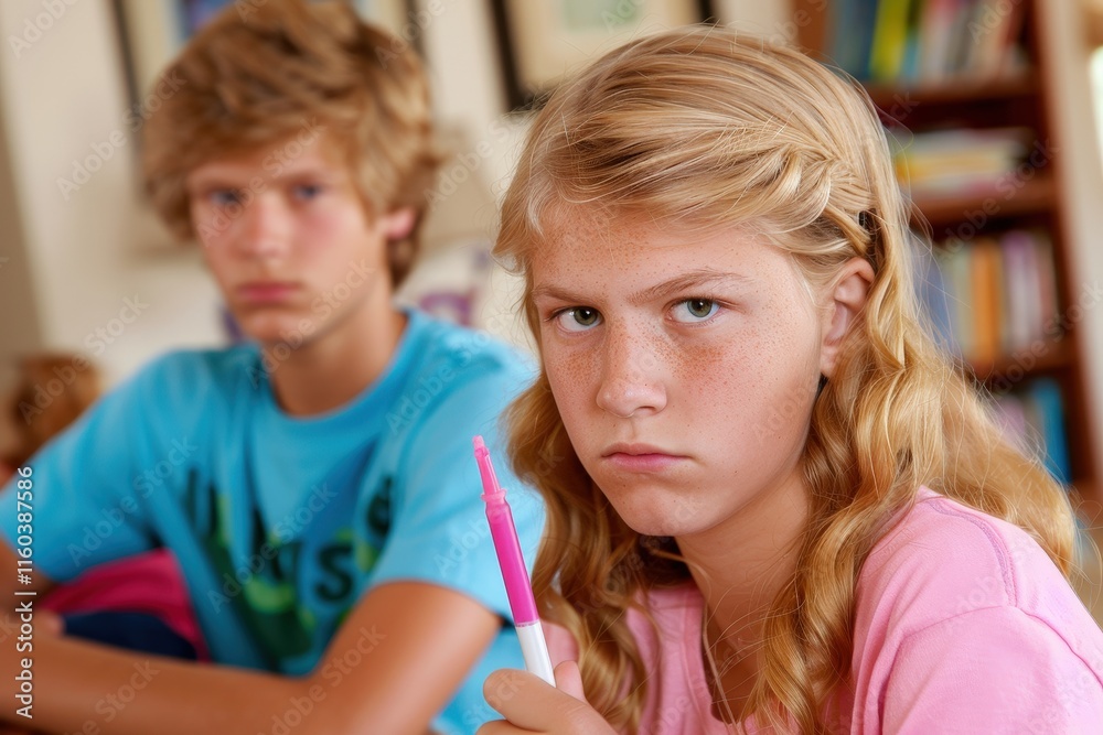 Sibling rivalry escalates home setting emotional conflict indoor close-up view family dynamics