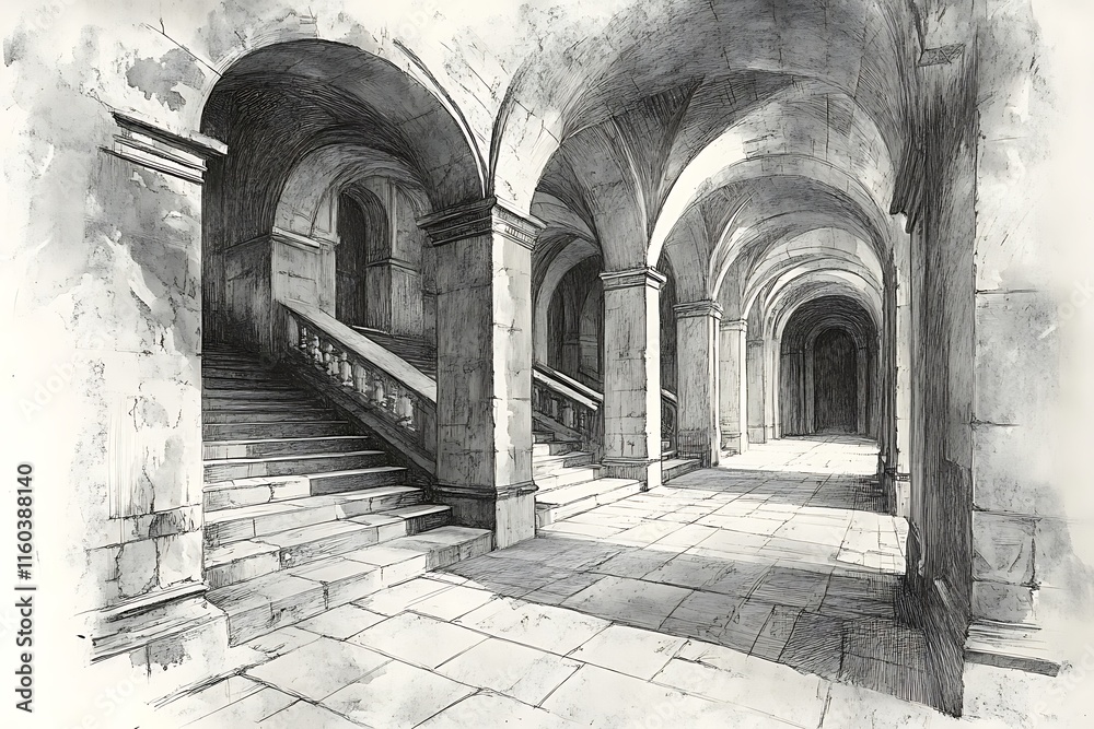 Detailed Sketch of Medieval Architecture with Arched Columns and Stairs Detailed Sketch of Medieval Architecture with Arched Columns and Stairs