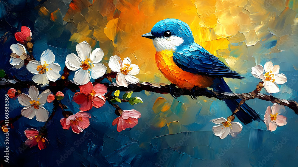 Fototapeta premium Bird Perches Gracefully on Blossoming Branch in Impasto Style
