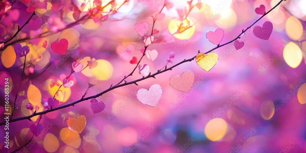 Obraz premium Pink background with a branch with hearts hanging from it