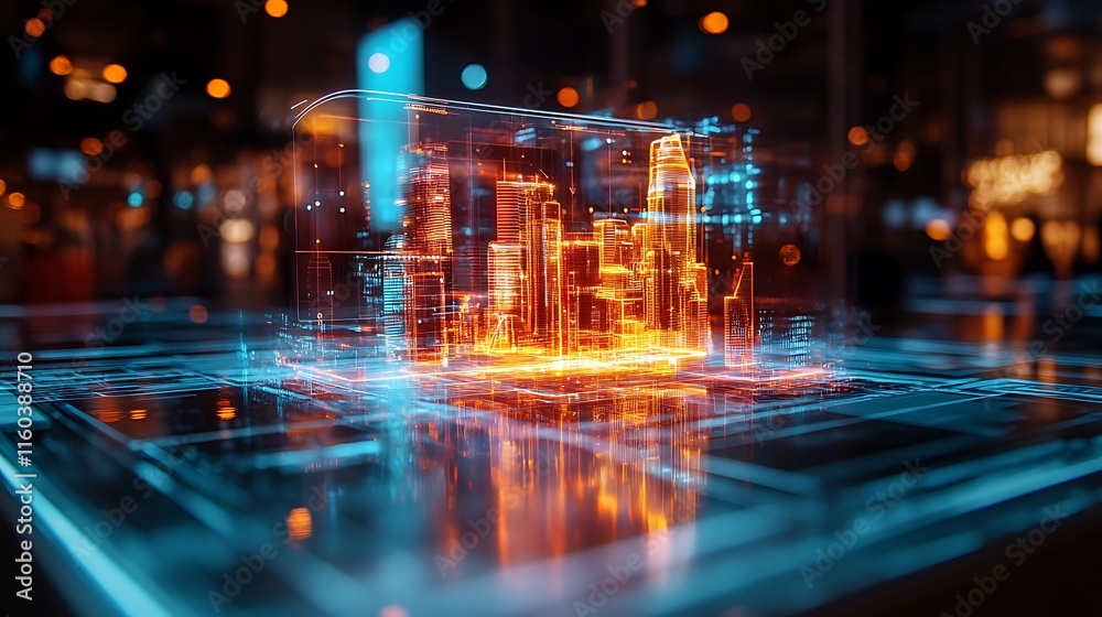 Fototapeta premium Glowing Hologram Projection from AR Device Over Virtual Cityscape