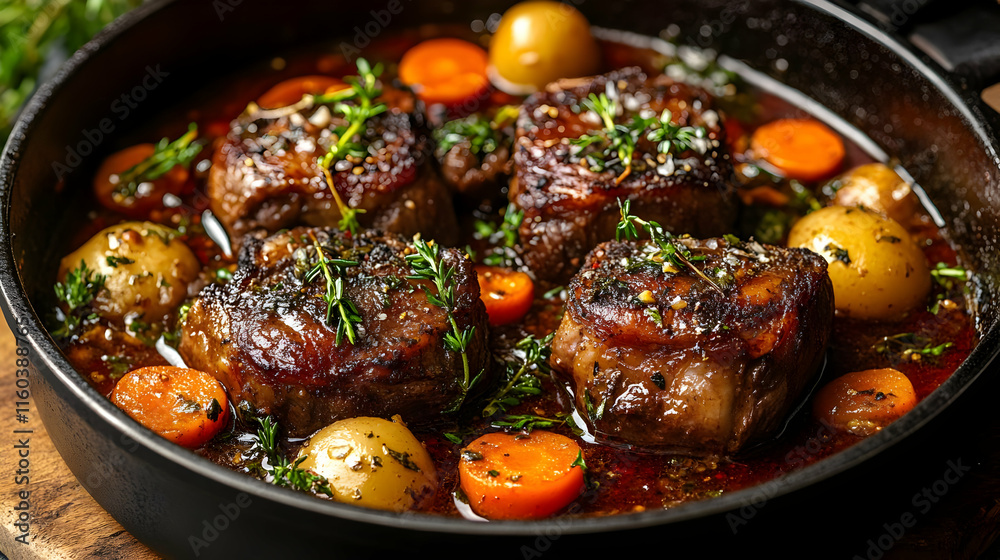 Delicious Braised Beef Stew Simmered with Vegetables and Herbs in a Pot Delicious Braised Beef Stew Simmered with Vegetables and Herbs in a Pot