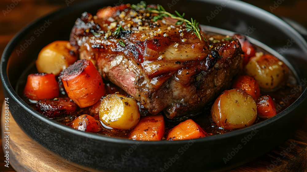 Seared Meat with Roasted Potatoes and Carrots in a Rich Sauce Beautifully Plated in a Cast Iron Skillet. Seared Meat with Roasted Potatoes and Carrots in a Rich Sauce Beautifully Plated in a Cast Iron Skillet.