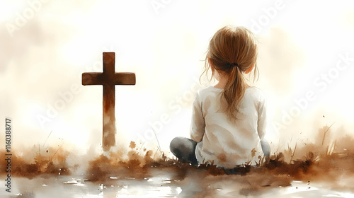 Child Sits Peacefully Near Wooden Cross Reflecting Quietly