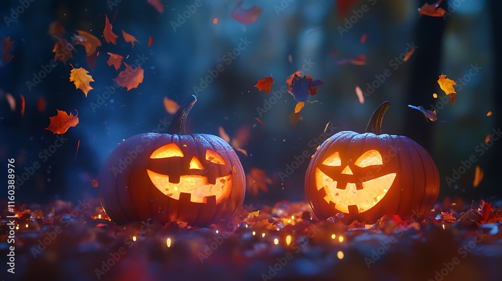 Two illuminated jack-o'-lanterns in autumn leaves at night. Two illuminated jack-o'-lanterns in autumn leaves at night.
