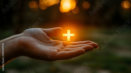 Hand Holds Glowing Cross: H...