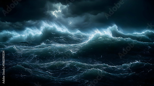 Dark Stormy Sea with Lightning Strikes Crashing Waves and Rolling Dark Clouds in Background Illustration