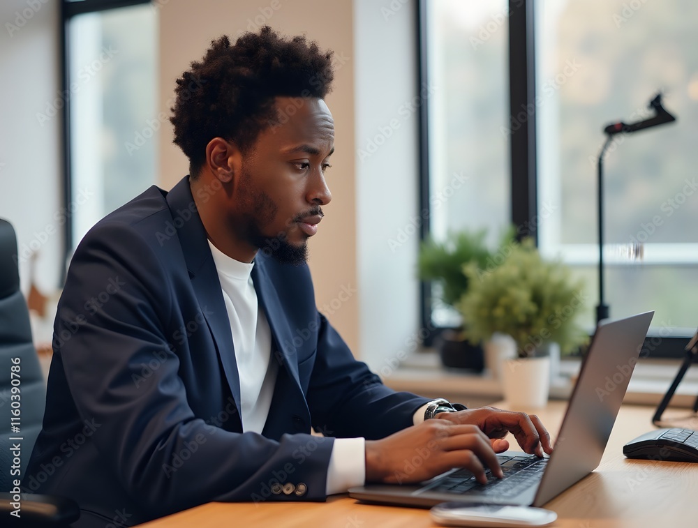 Focused Professional Working on Laptop in Office Focused Professional Working on Laptop in Office