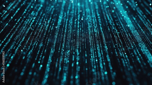 Abstract digital background with shimmering teal lines and dots creating a mesmerizing rain effect in a futuristic setting