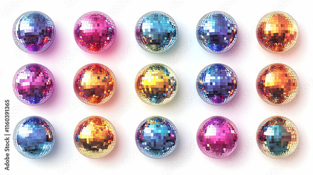 Disco Balls Reflect Light and Color Beautifully on White Background Disco Balls Reflect Light and Color Beautifully on White Background