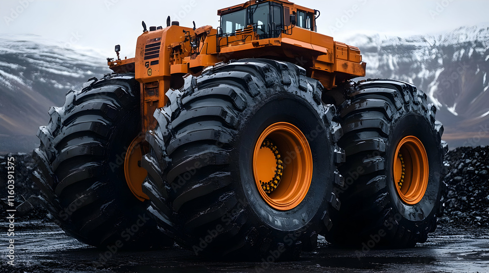 Giant Heavy Equipment Vehicle with Massive Tires Stands on Rocky Terrain Giant Heavy Equipment Vehicle with Massive Tires Stands on Rocky Terrain