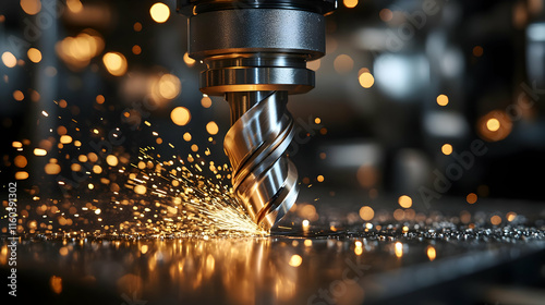 Metalworking CNC milling machine creates sparks during operation on a workpiece with precision.