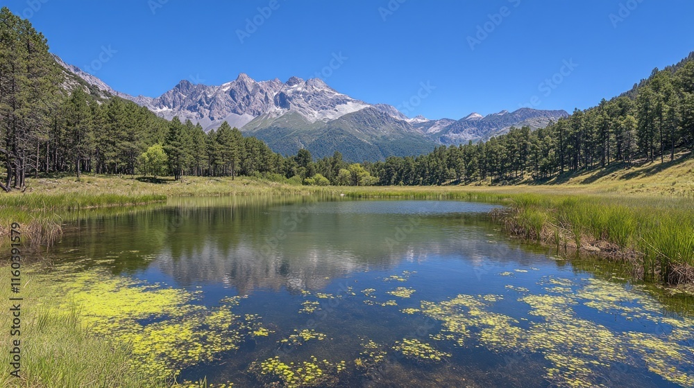 Serene alpine lake reflecting majestic mountains, surrounded by lush forest. Serene alpine lake reflecting majestic mountains, surrounded by lush forest.