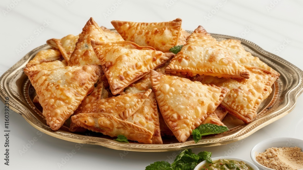 Golden brown, crispy pastries arranged on a metallic platter. Golden brown, crispy pastries arranged on a metallic platter.
