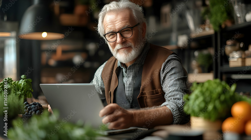Smiling Senior Man Uses Laptop in Cozy Cafe, Surrounded by Plants, Embracing Technology.