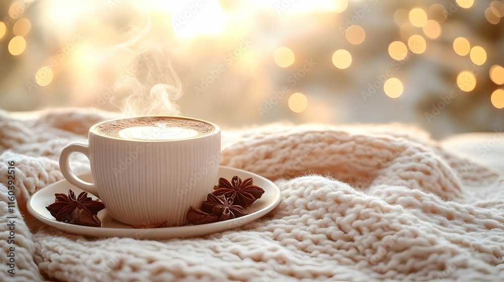 Hot Coffee Steams Gently on Cozy Blanket with Soft Lighting Hot Coffee Steams Gently on Cozy Blanket with Soft Lighting