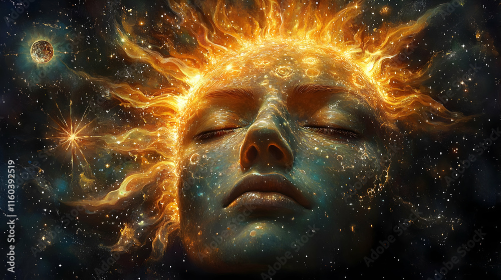 Cosmic Face Dreamscape: Surreal Illustration of a Face Merged with the Universe, Planets, and Stars Cosmic Face Dreamscape: Surreal Illustration of a Face Merged with the Universe, Planets, and Stars