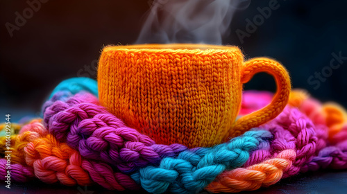 Hot Drink Steams in Cozy Kn...