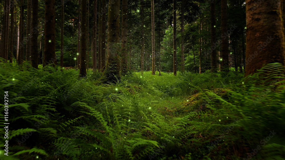 Obraz premium ern plant woods with green flying firefly.