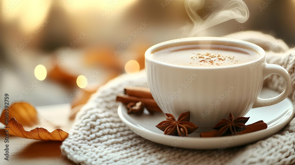 Hot Drink Steams Gently with Cozy Knit & Autumn Leaves Hot Drink Steams Gently with Cozy Knit & Autumn Leaves