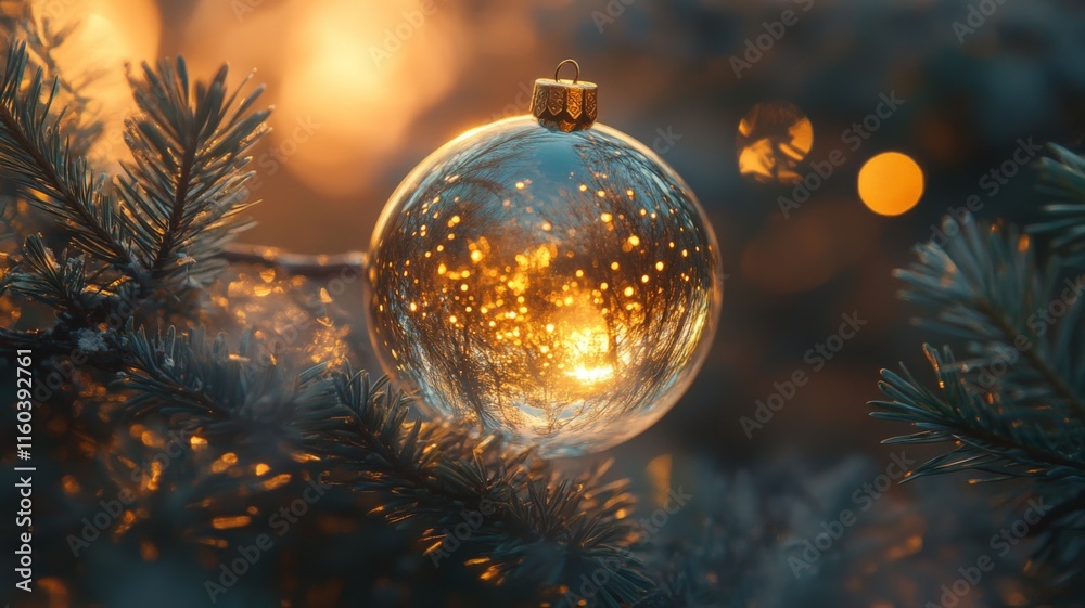Glass Ornament Reflecting Sunset On Christmas Tree Glass Ornament Reflecting Sunset On Christmas Tree