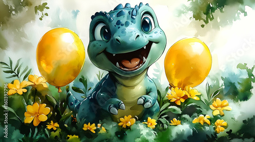 Cute Dinosaur Plays with Ba...