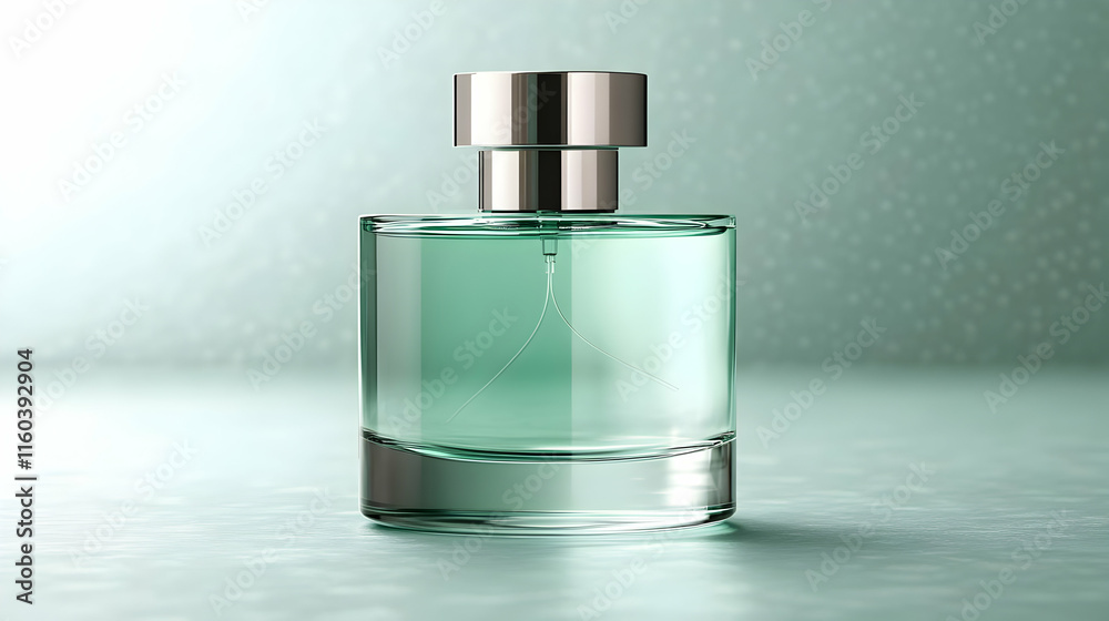 Elegant Green Perfume Bottle Stands on a Reflective Surface with Soft Lighting Elegant Green Perfume Bottle Stands on a Reflective Surface with Soft Lighting