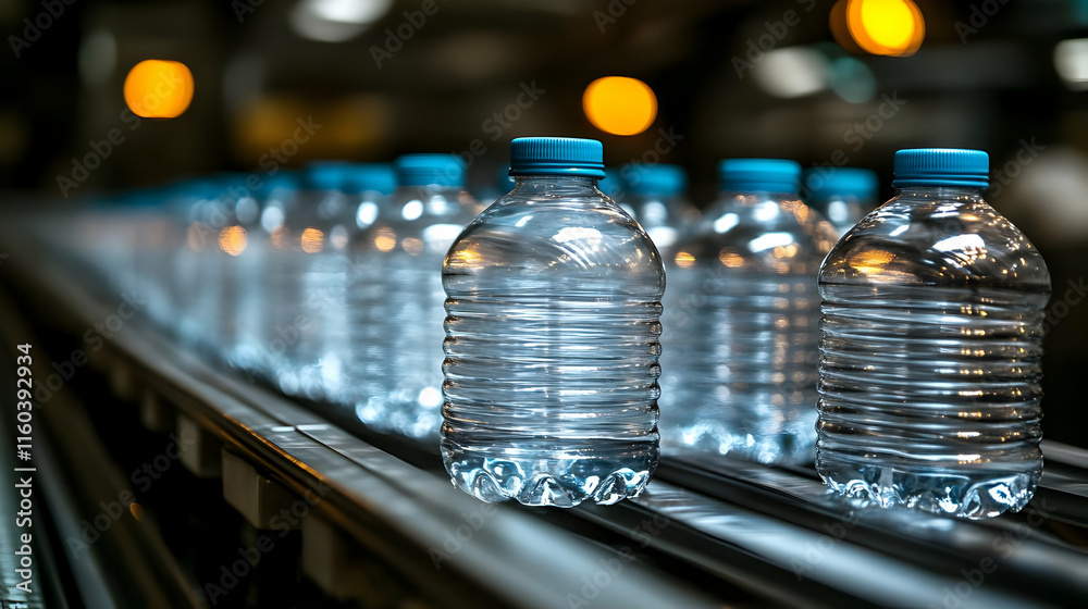 Water Bottles Move Along Conveyor Belt in Factory Setting with Blurred Lights Water Bottles Move Along Conveyor Belt in Factory Setting with Blurred Lights