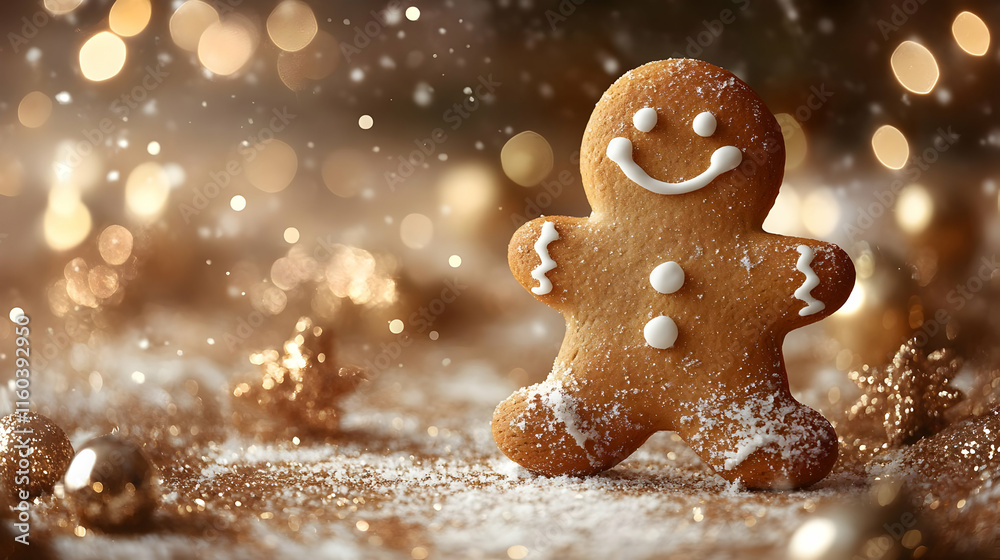 Gingerbread Man Stands Decoratively with Twinkling Golden Lights Gingerbread Man Stands Decoratively with Twinkling Golden Lights
