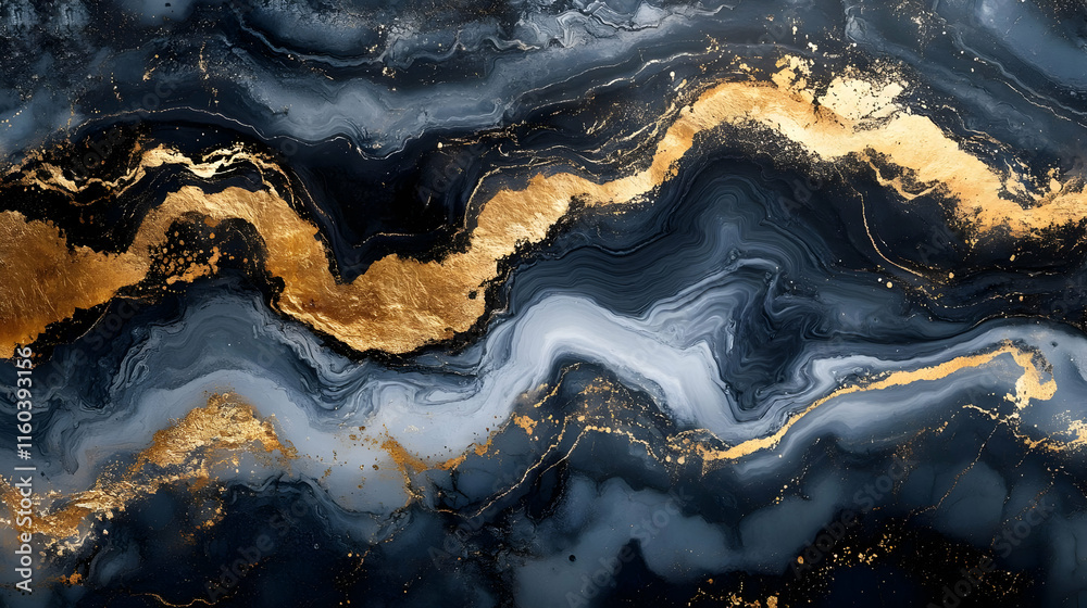 Fototapeta premium Black and Gold Alcohol Ink Flows Elegantly