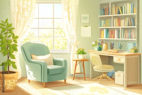 A cozy, sunlit study with a chair, desk, and bookshelves, perfect for relaxation and creativity.
