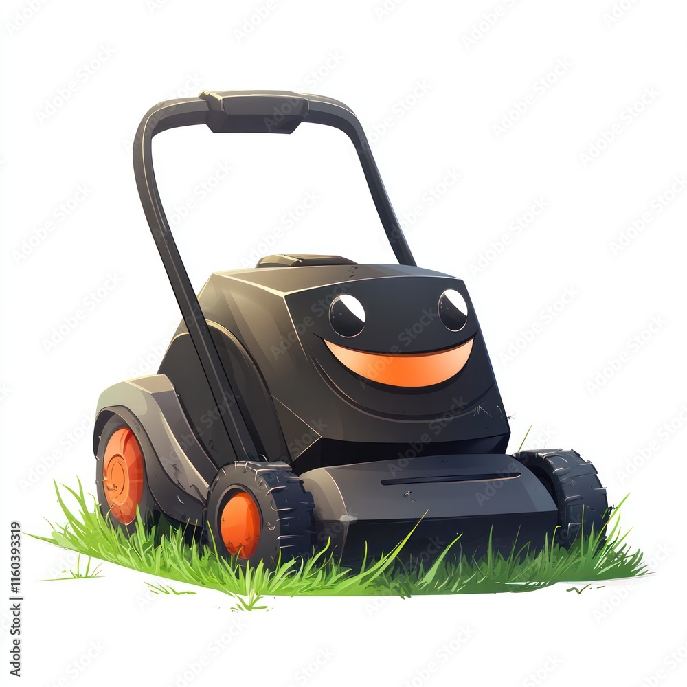 A smiling electric lawn mower cutting grass. vector style art 3d illustration Isolated on White Background A smiling electric lawn mower cutting grass. vector style art 3d illustration Isolated on White Background