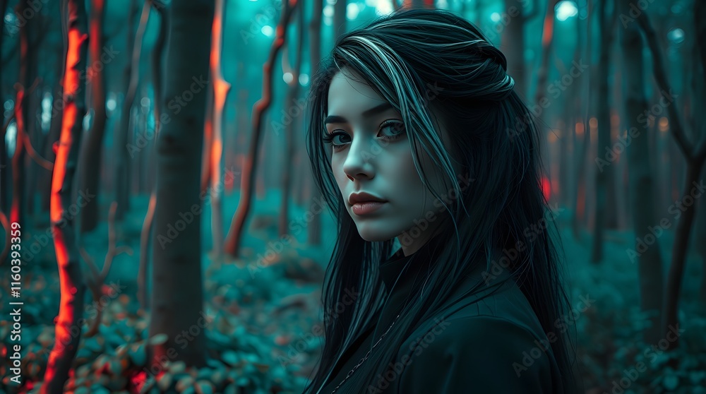 Fototapeta premium A dark fantasy woman stands in a mystical forest with a serious expression on her face