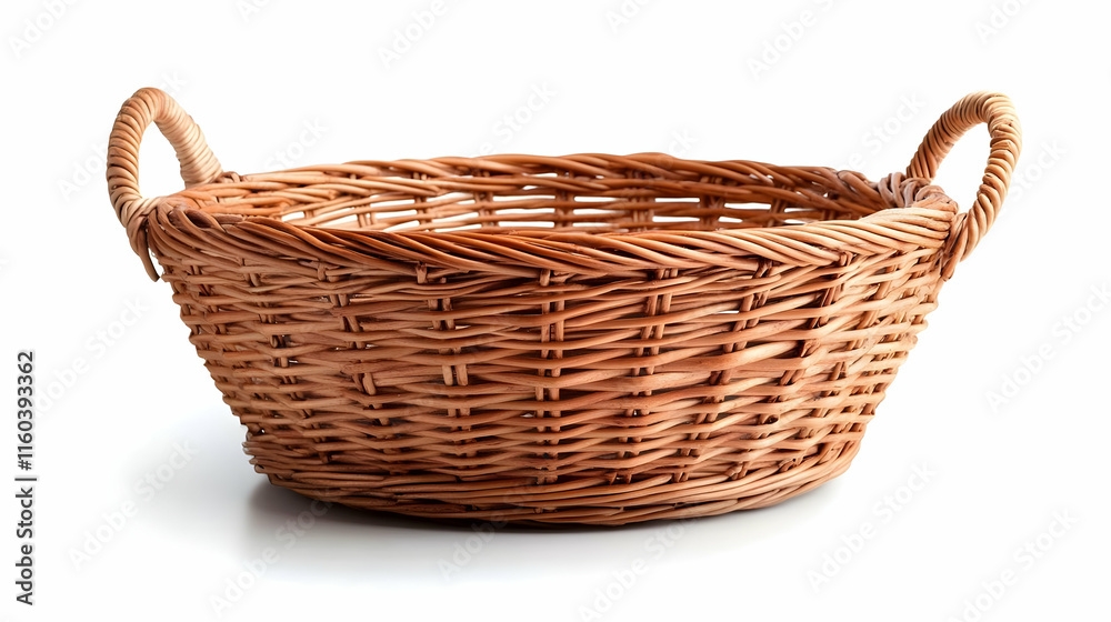 Empty Wicker Basket with Handles Sits on a White Background, Ready for Use. Empty Wicker Basket with Handles Sits on a White Background, Ready for Use.