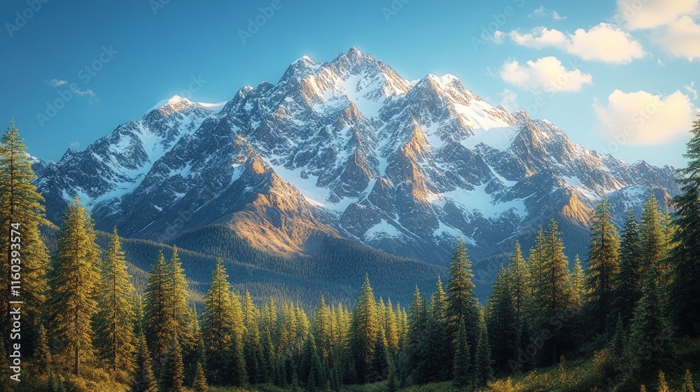 Majestic snow-capped mountains, evergreen forest. Majestic snow-capped mountains, evergreen forest.